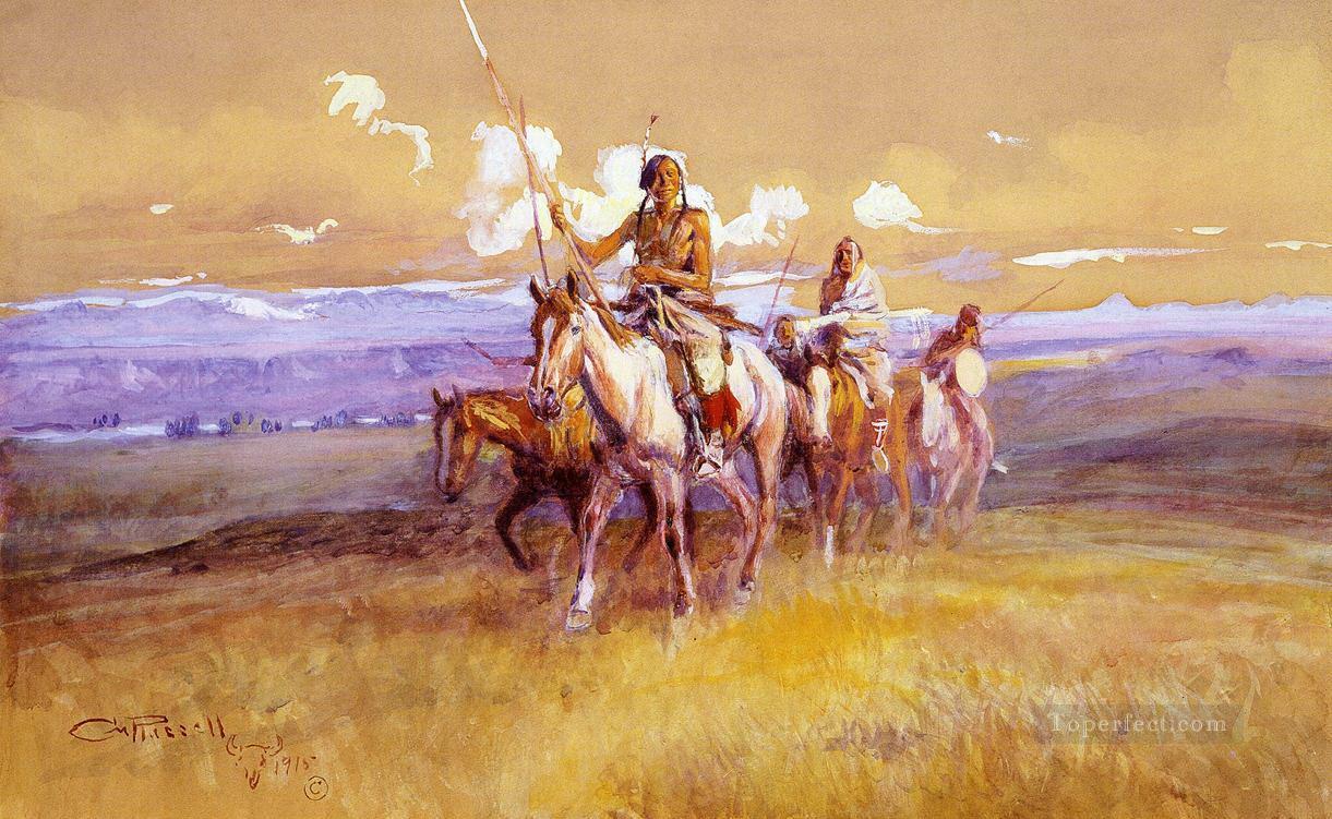 Fête indienne 1915 Charles Marion Russell Indiens d’Amérique Peintures à l'huile
